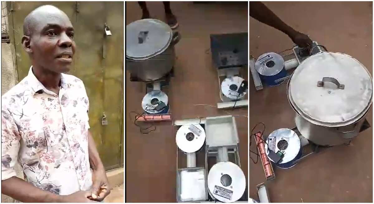Photos of Ndubisi Okoye and the battery stove he built.