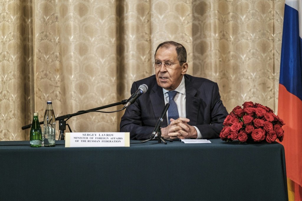 Russian Foreign Minister Sergei Lavrov speaks at a press conference at the Russian embassy in Addis Ababa
