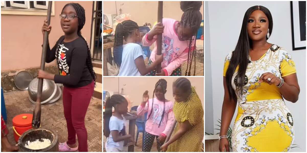 Mercy Johnson first daughter pounds yam, Mercy Johnson teaches daughters to pound yam