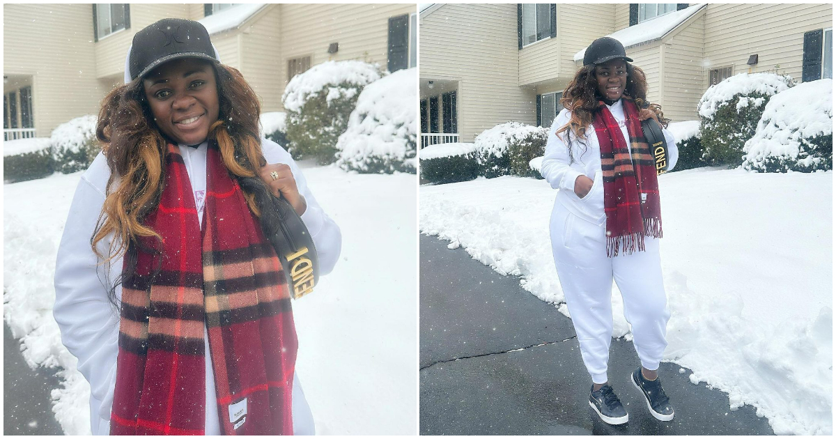 Tracey Boakye flaunts Fendi bag, a casual outfit while in the snow.