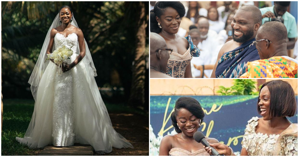 Ghanaian bride Sharon shows cleavage in corseted embroidery kente gown
