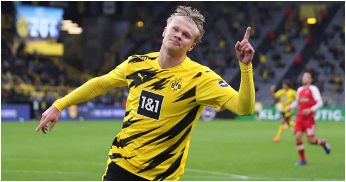 Erling Haaland celebrates after scoring for Dortmund. Photo: Getty Images.
