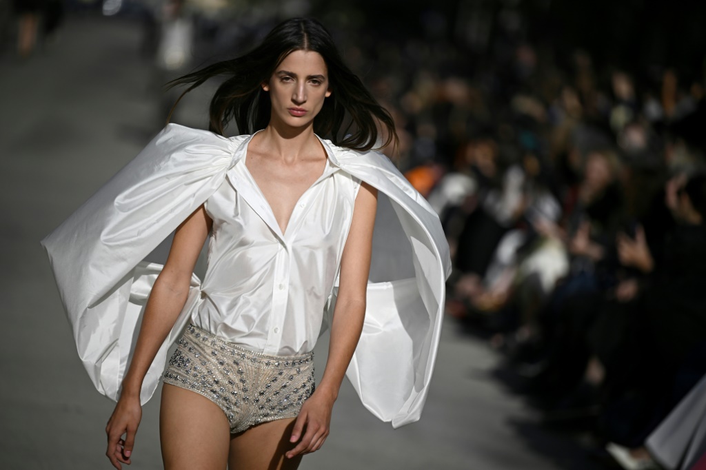 A model presents a creation by British designer Stella McCartney during her Paris Fashion Week show