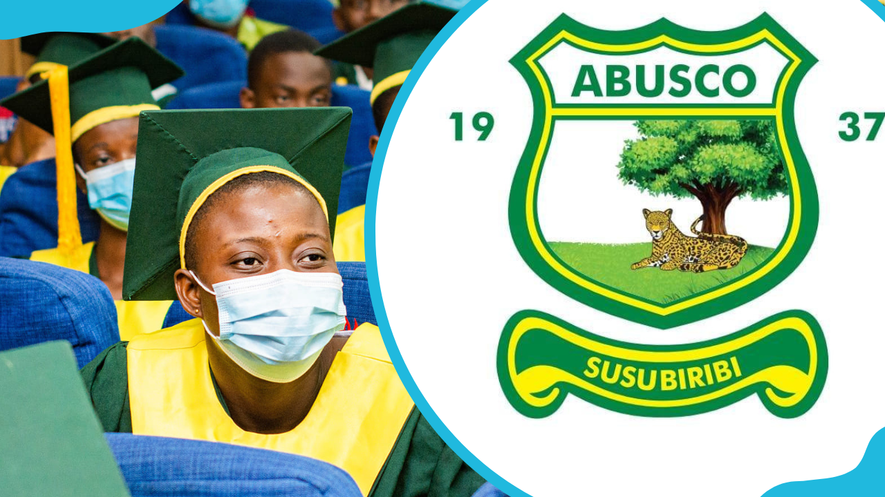 ABUSCO's learners during the school's 85th-anniversary celebration launch (L) and ABUSCO's logo (R)