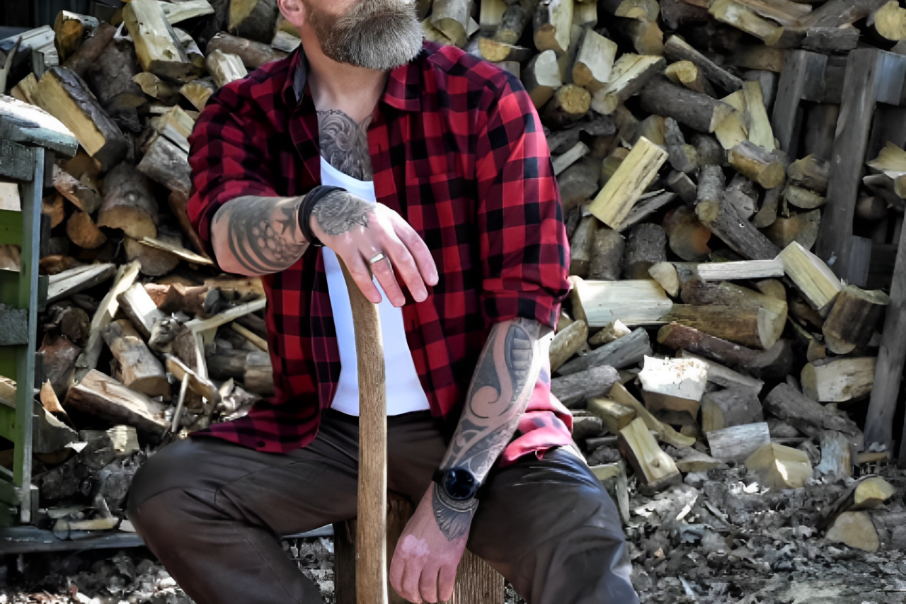 A man holding a wooden stick is wearing a flannel shirt