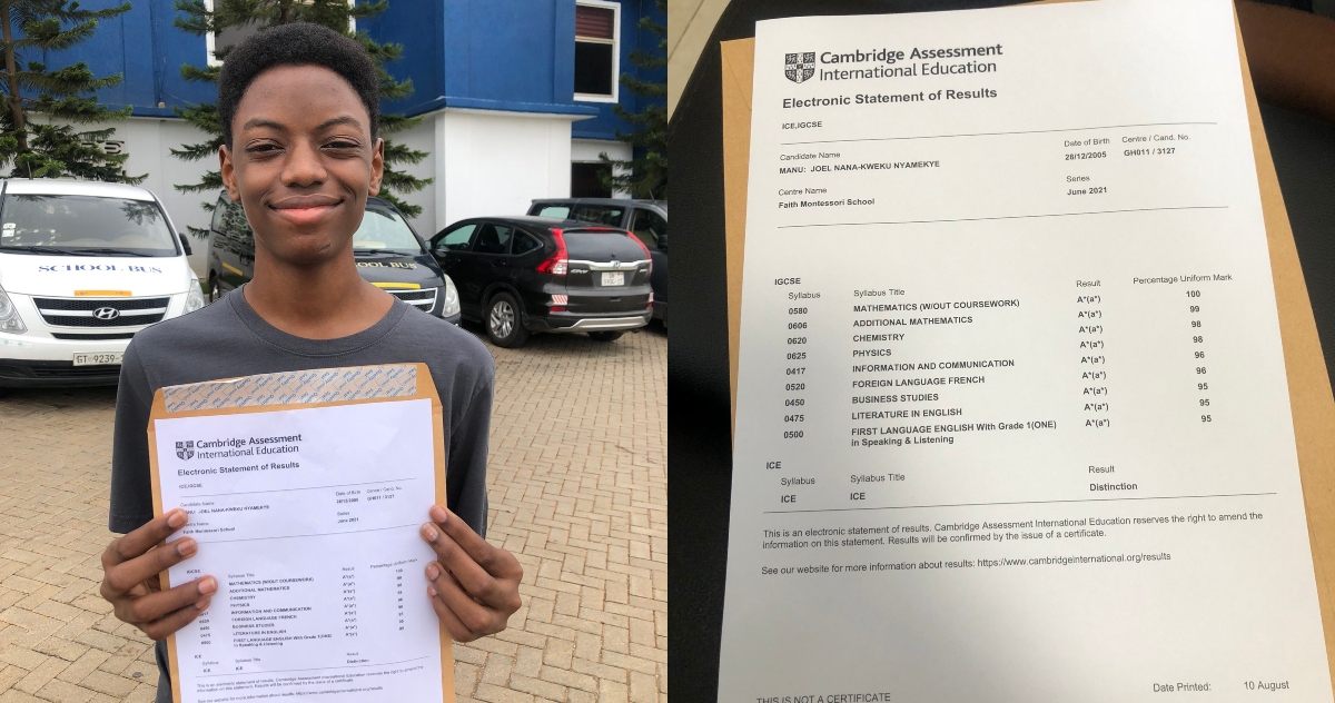 Joel Nana Kweku-Nyamekye: 15-year-old Ghanaian boy gets 9As in Cambridge IGCSE Exam; Least Mark is 95