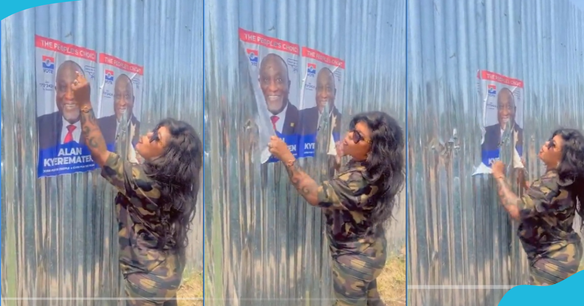 Afia Schwar angrily knocks Alan Kyremanten's image and tears down his poster in video