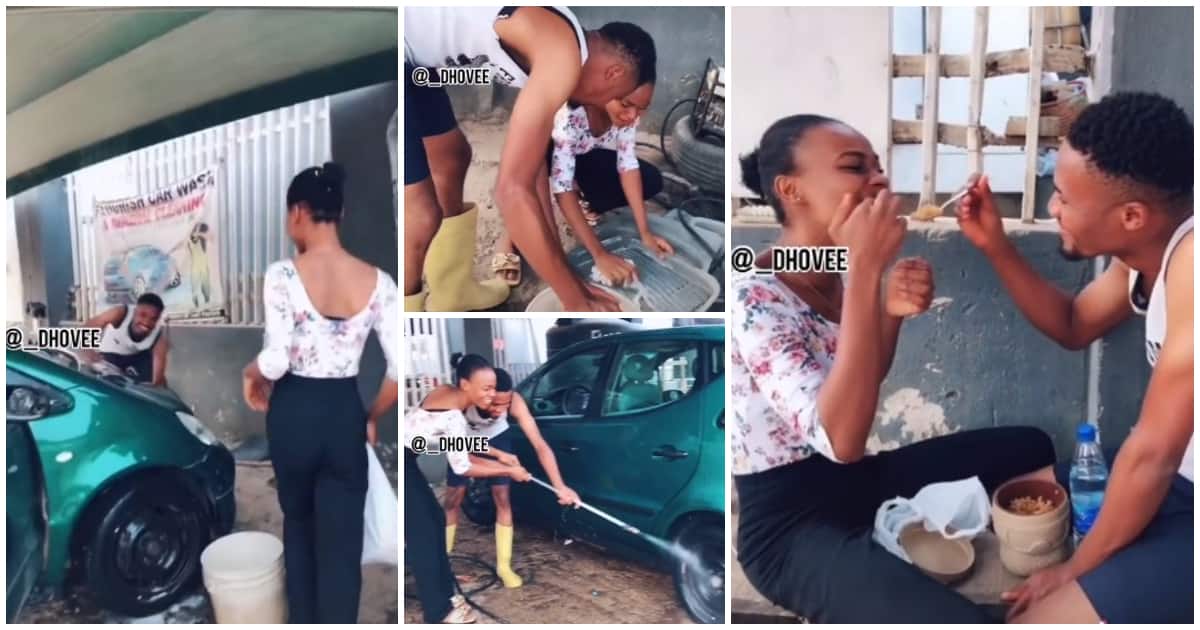 Nigerian lady wows boyfriend who washes cars for a living, visits his workplace and joins him, video goes viral