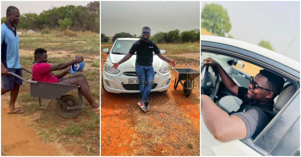 Photo of Nana Tea riding in his new car versus when he was playing with a wheelbarrow