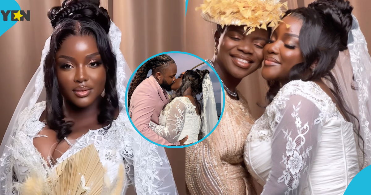Pretty bride looks regal in cleavage-baring exquisite lace gown for her plush wedding in Ghana
