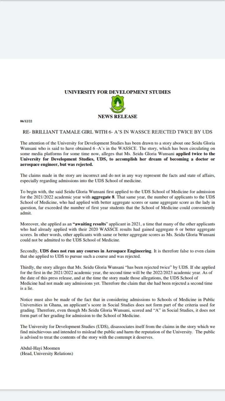 UDS release on Tamale girl with 6As in WASSCE.