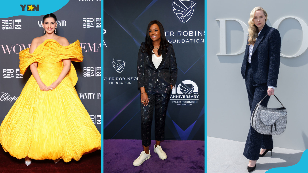 Sonam Kapoor in a yellow dress (L), Aisha Tyler in a trouser suit, and Gwendoline Christie in a navy blue trouser suit and a Dior handbag