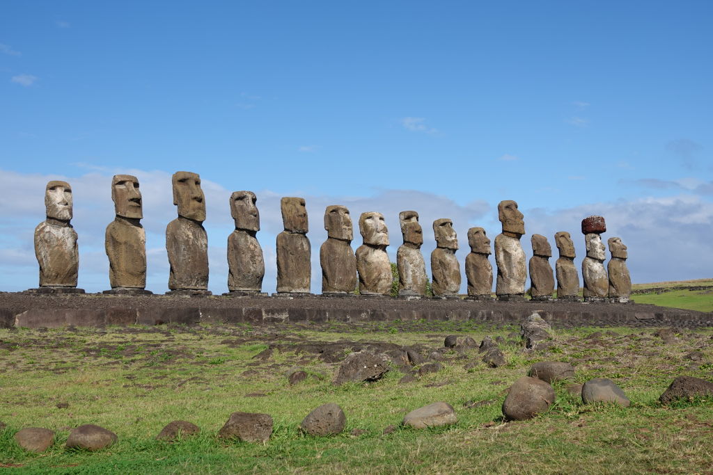 The ceremonial platform Ahu Tongariki in the southwest of Easter Island with 15 Moai.