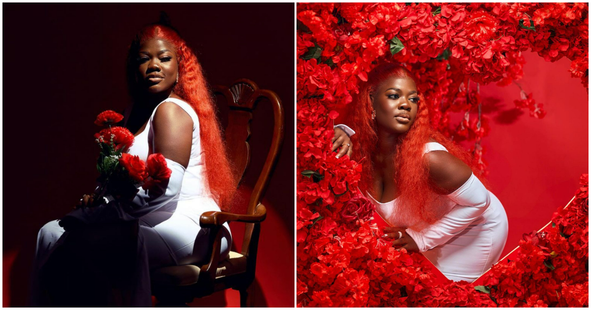 Asantewaa dazzles in red wig and white dress.