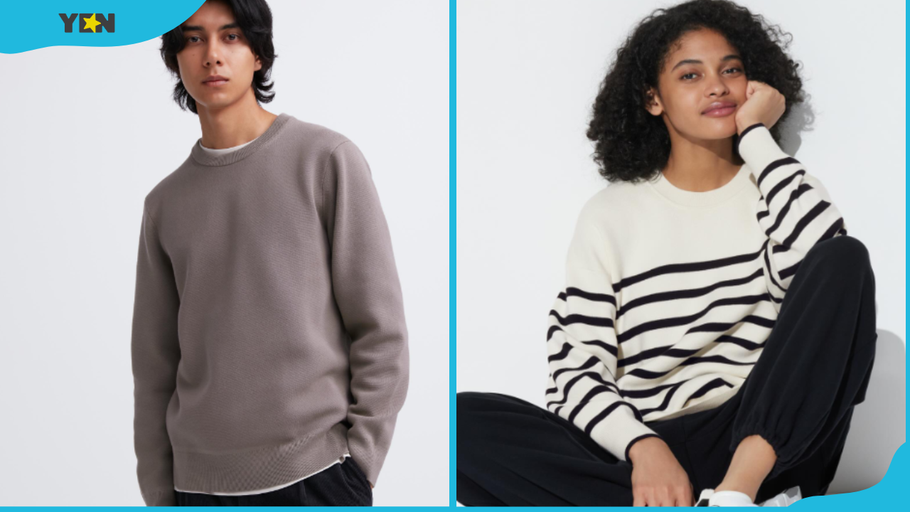 A man and a woman wearing a crew neck sweater