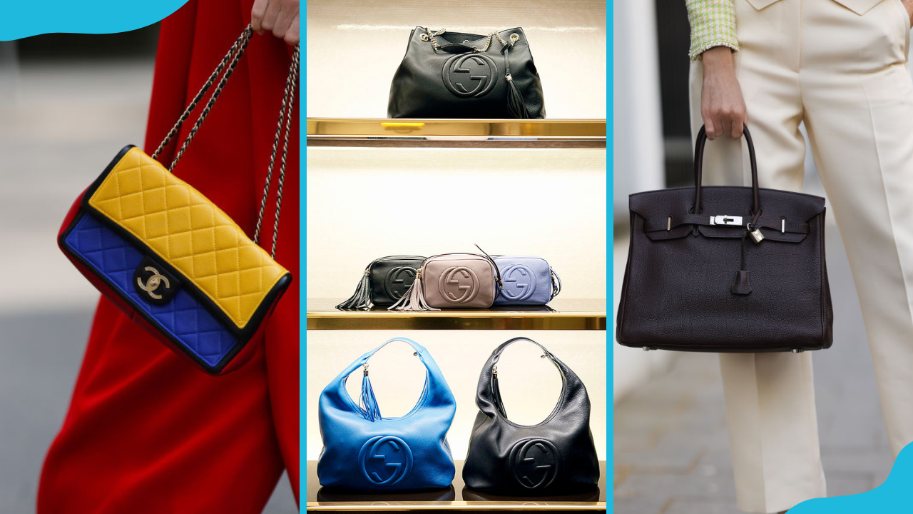 Chanel flap bag (L), Gucci 'Soho' ladies' handbags (C) and a brown Hermès Birkin leather bag (R).