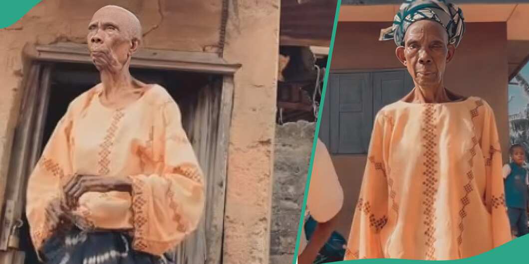 Elderly woman dances happily, rests her back against a house: "Joy knows no age"
