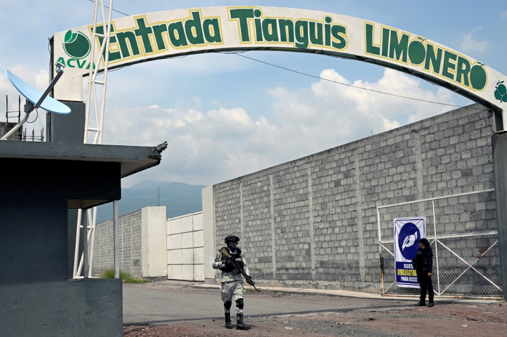A member of Mexico's National Guard stands at the entrance of a lime market in Michoacan state