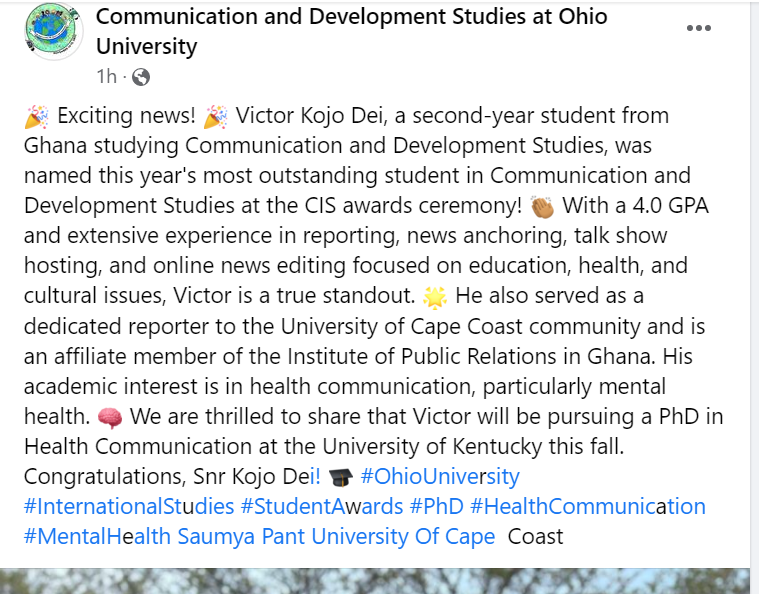 Screenshot of post celebrating Victor Kojo Dei.
