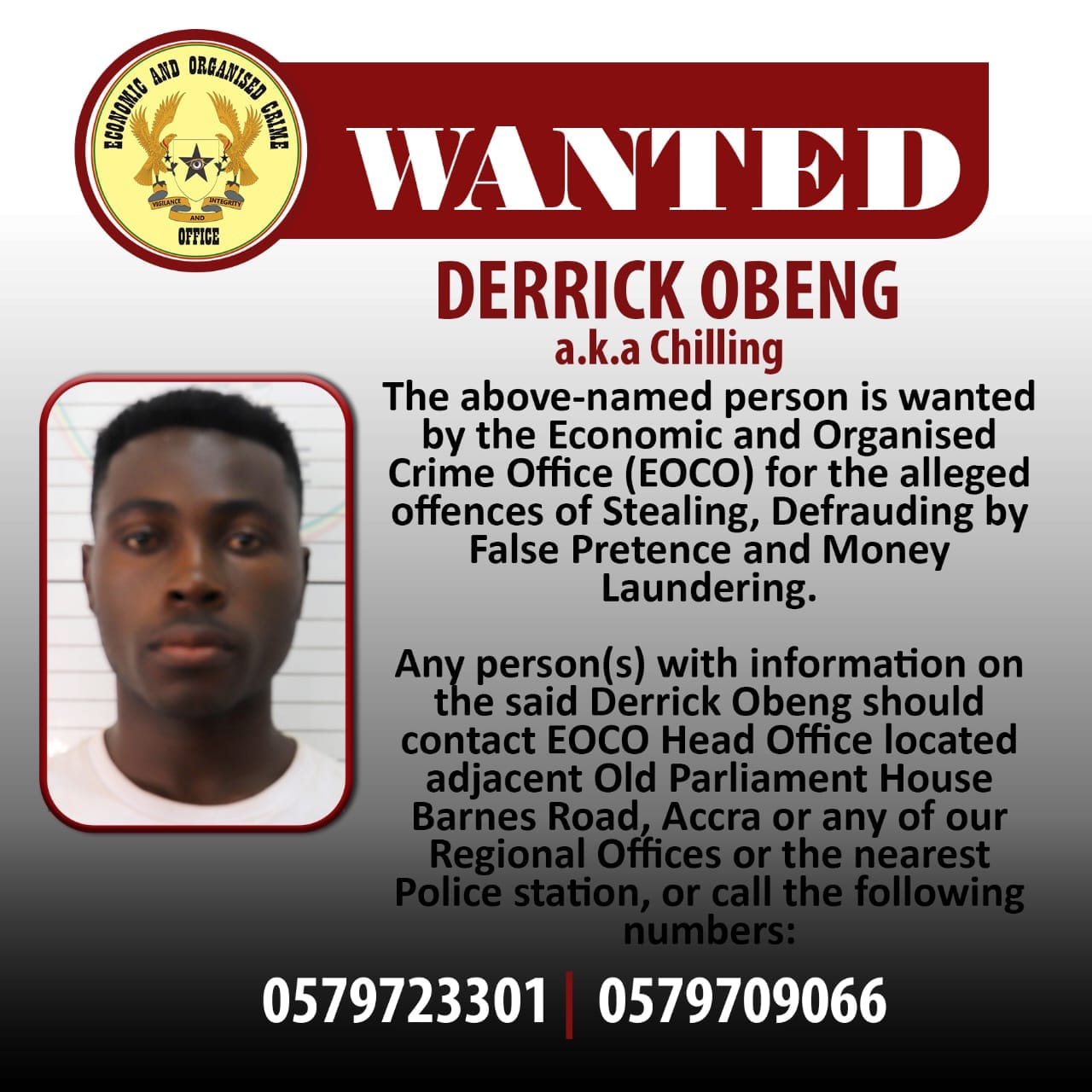 Derrick Obeng is on EOCO's list of wanted criminals.