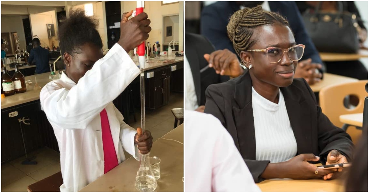 Photos of Odamea Amoako in the lab and law school