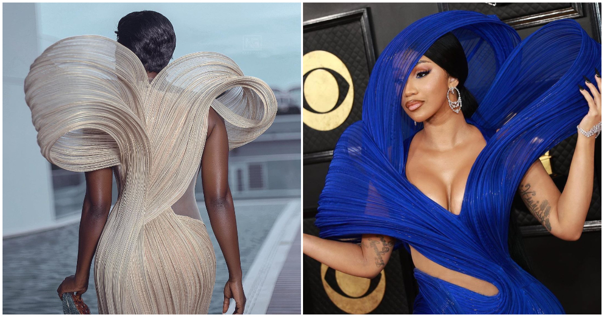 2023 Grammys: Cardi B Channels Ghana's Top Style Influencer Nana Akua Addo In A Blue Flawless Sculptural Dress