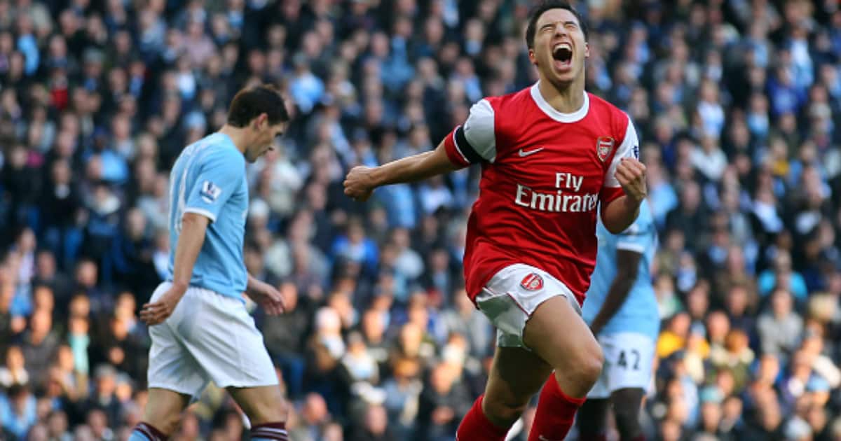 Samir Nasri of Arsenal celebrates his goal during the Barclays Premier League match between Manchester City and Arsenal at City of Manchester Stadium on October 24, 2010 in Manchester, England. (Photo by Clive Rose/Getty Images)