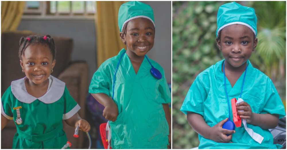 Girls dress as nurse and surgeon on career day.