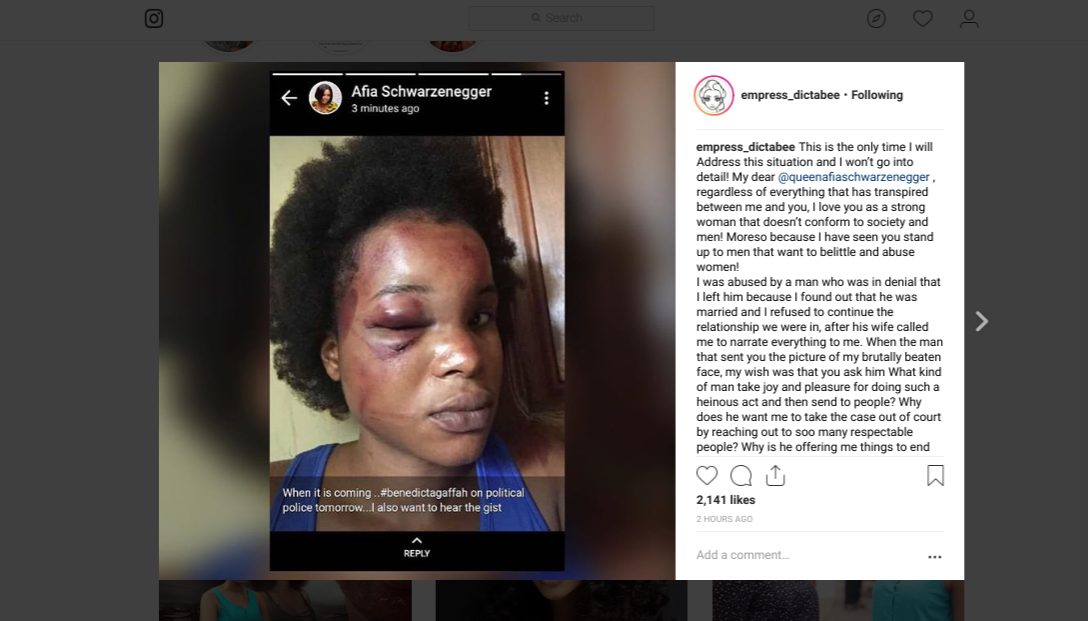 I was abused by my married boyfriend - Benedicta Gafah says after Afia Schwar drops photo with her face battered
