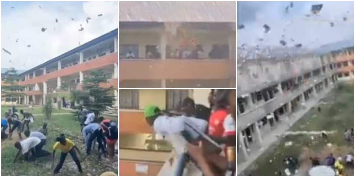 Reactions as man makes it rain from university building balcony, students struggle to pick the flying notes in video