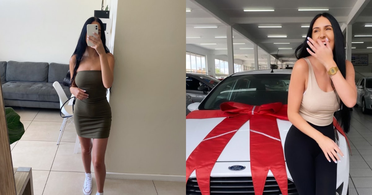 A beautiful young lady celebrates buying a car
