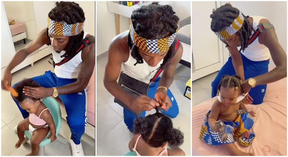Photos of a young dad making a nice hair for his little daughter.
