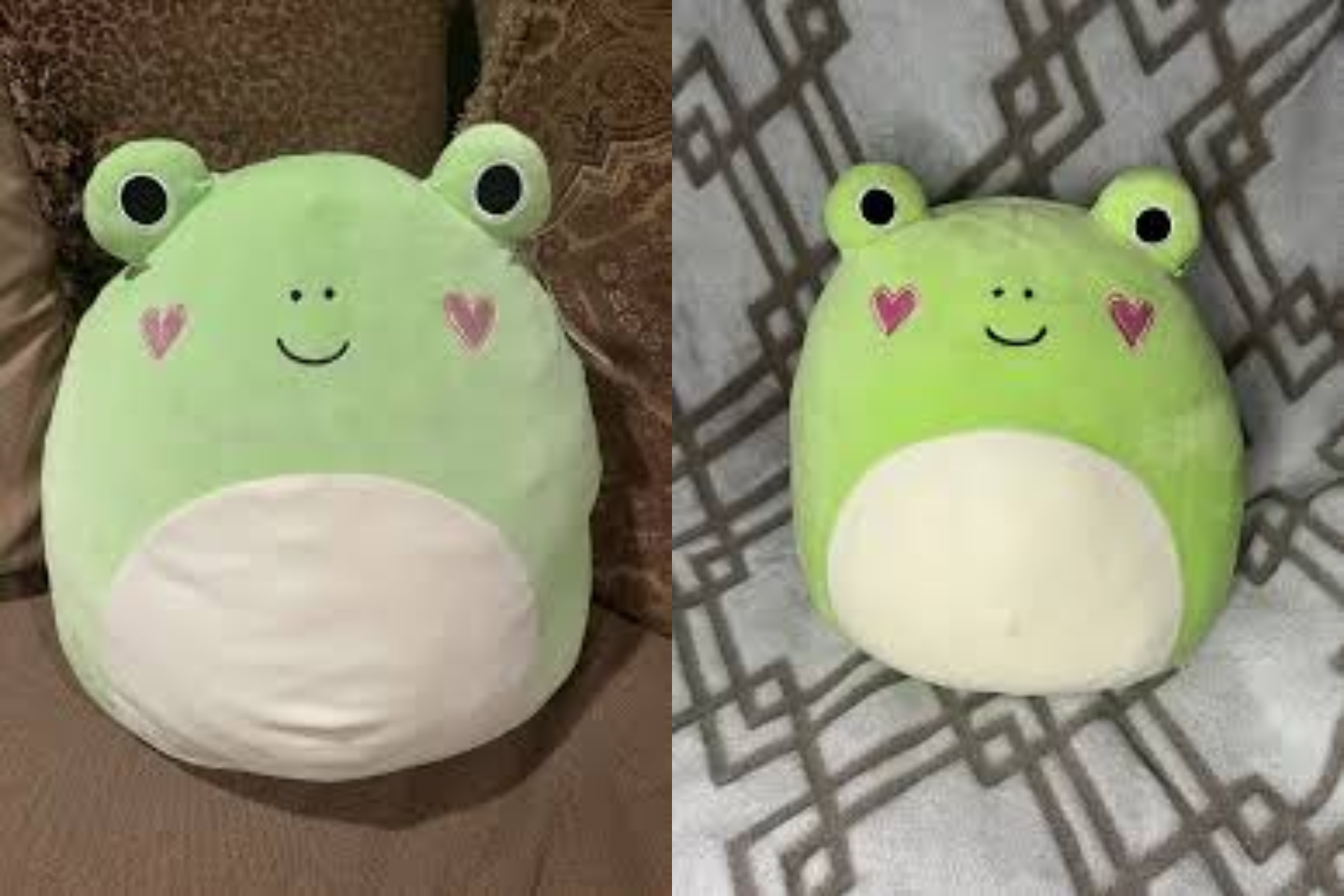 Philippe the Frog squishmallow is sitting on a brown chair and she is lying on a square patterned background