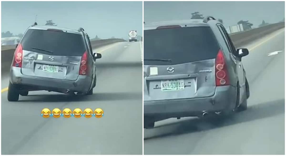 Photos of a Mazda car spotted running with only 3 wheels.