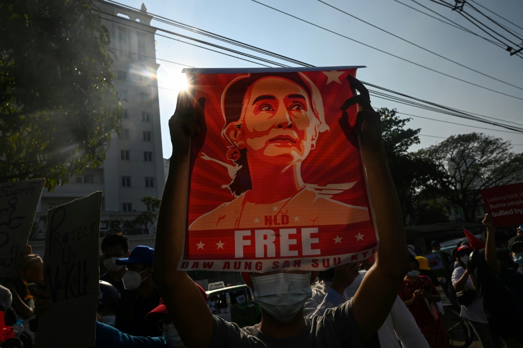 Protesters call for Aung San Suu Kyi's release during a rally in Yangon last year