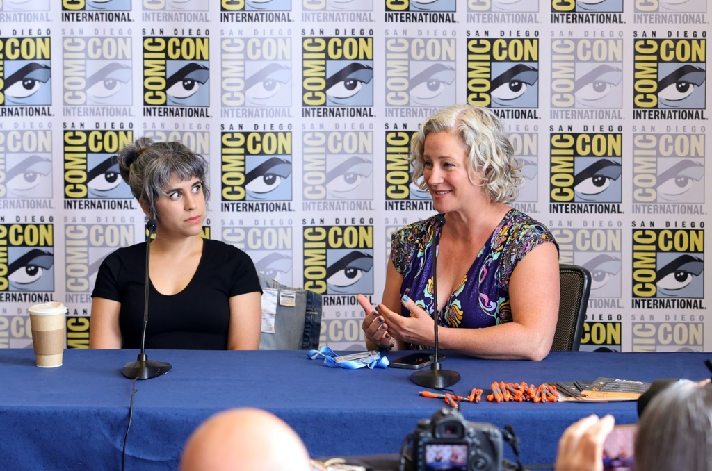 Cissy Jones (R), who works on animated TV series 'The Owl House,' speaks during 2023 Comic-Con in San Diego on July 21, 2023