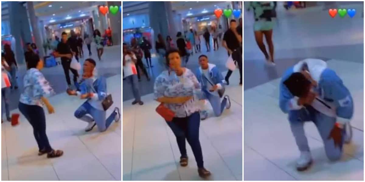 Drama as lady embarrasses boyfriend in failed marriage proposal at mall, walks out on him after a resounding 'no'