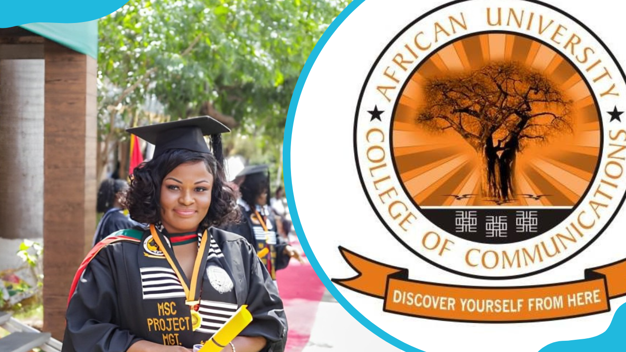 AUCC student during graduation and the school logo