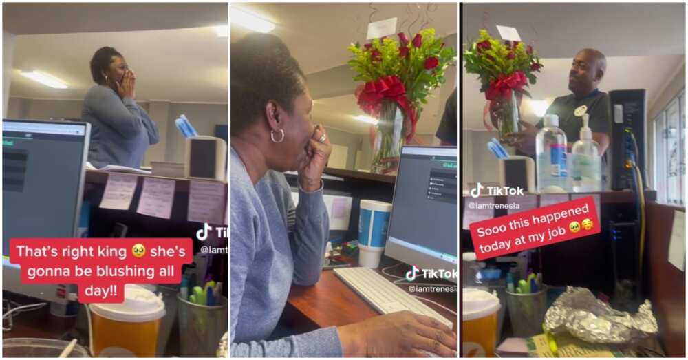 Photos of man delivering flowers at his wife's office to surprise her