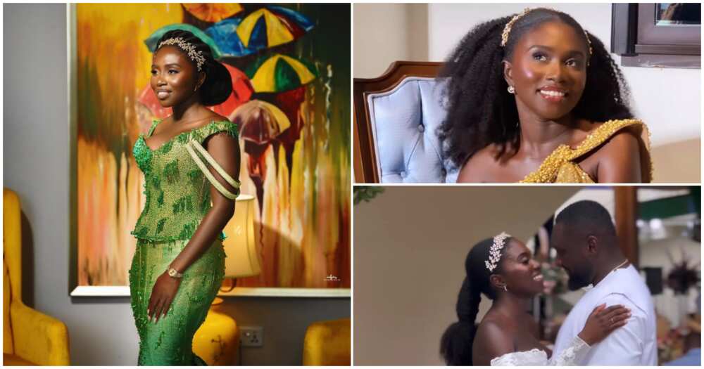 Ghanaian Melanin Bride Dazzles In A White Backless Gown And Thigh-High Cutout Gold Lace Gown For Her Wedding