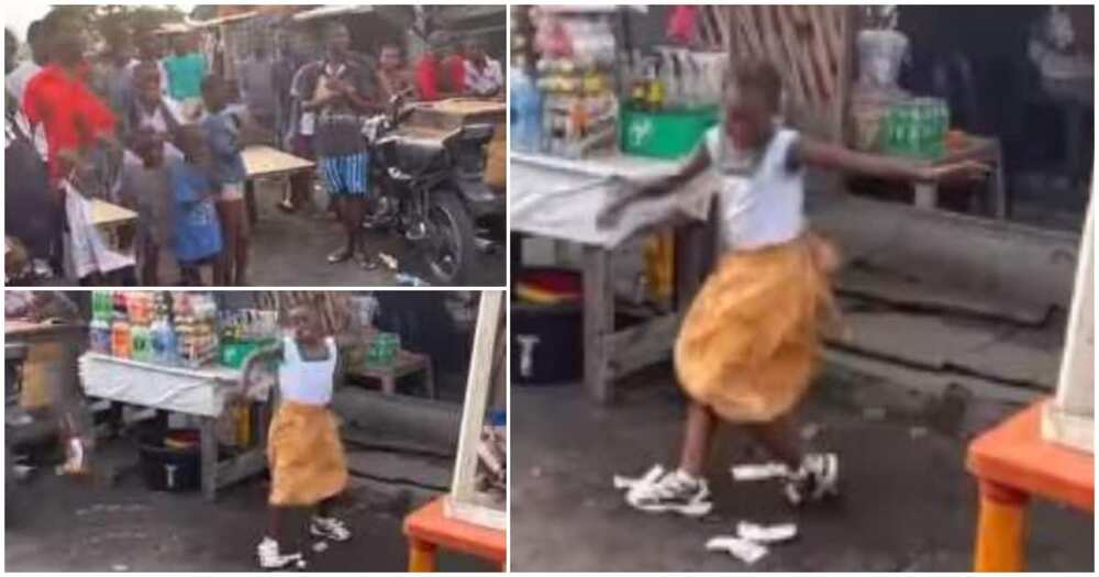 Little girl, dances, after school, in front of mum's shop, customers