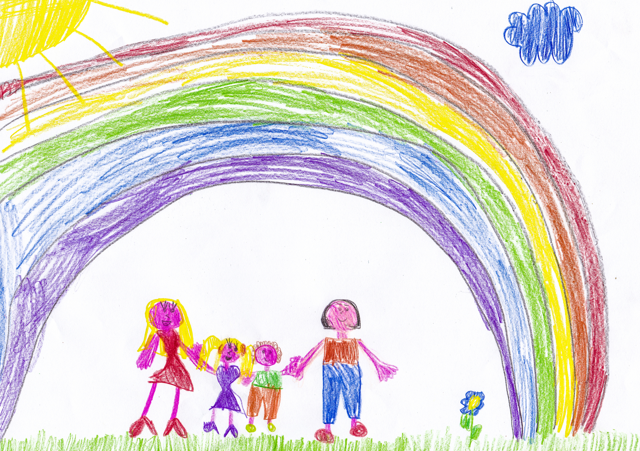 A drawing of a rainbow and a family holding hands