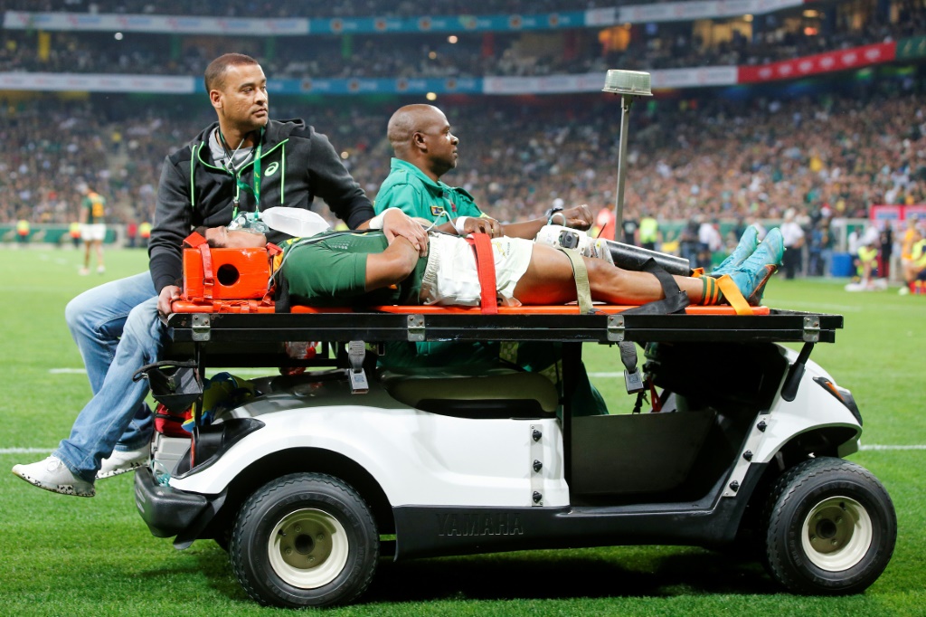 South Africa wing Kurt-Lee Arendse is removed from the field after being injured during a Rugby Championship match against New Zealand in Mbombela on August 6, 2022.