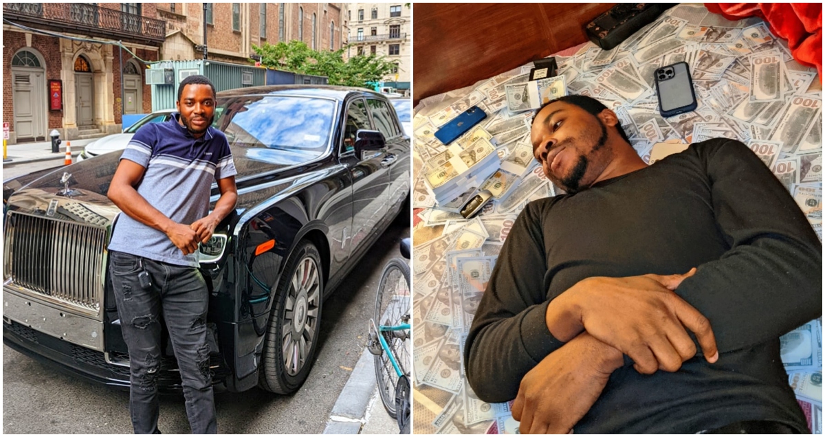 Twene Jonas leans on a car and sleeps on money