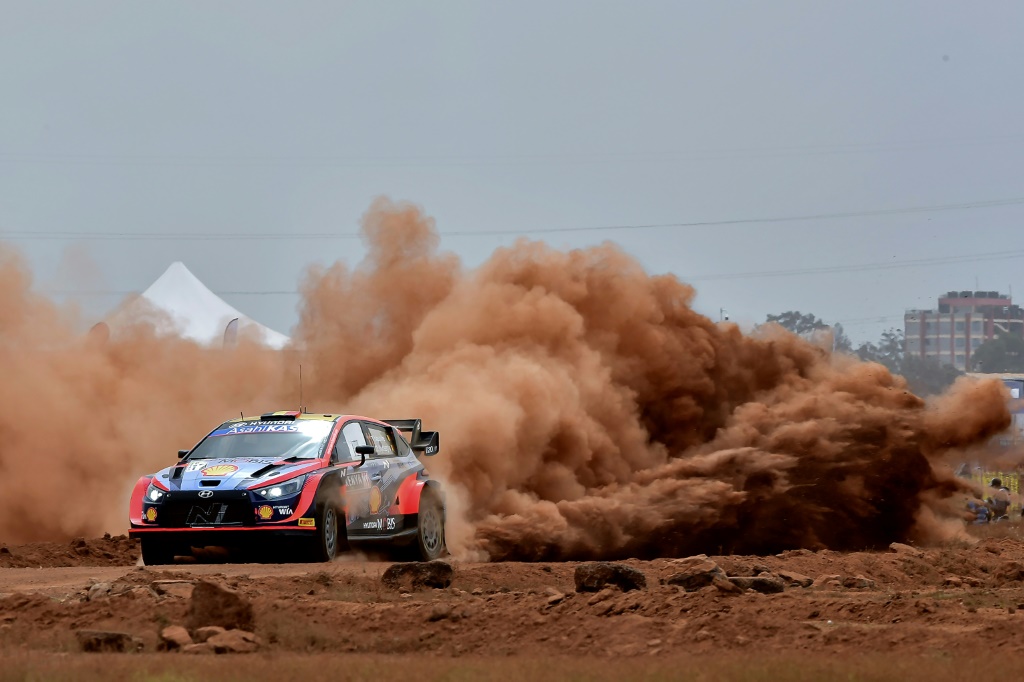 Belgian driver Thierry Neuville kicks up the dirt in his Hyundai on the opening stage of the Safari Rally in Kenya