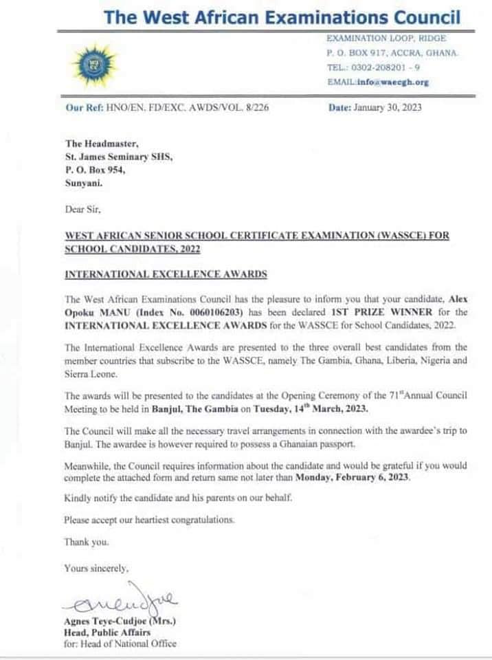 Letter from WAEC to the headmaster of St. James Seminary SHS.