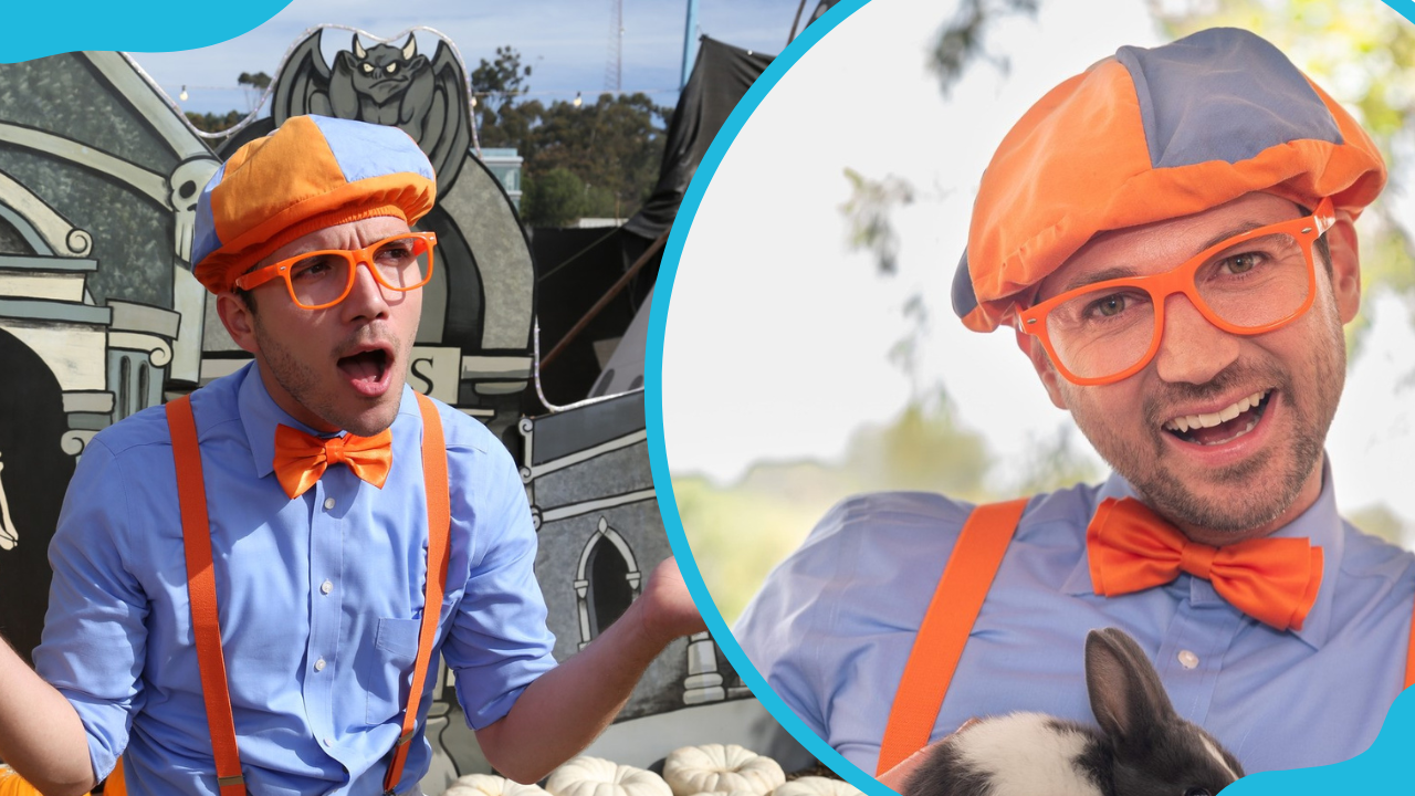 Blippi dressed in his costume and him holding a black and white rabbit