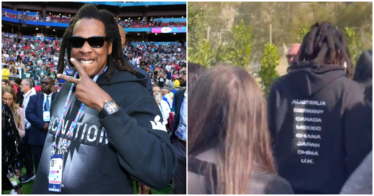 Jay Z rocks a hoodie with Ghana written on the back to Super Bowl LVII.
