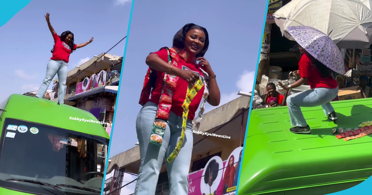 Nana Ama McBrown climbs a bus to film a commercial, displays fire moves in video: "Don't fall abeg"