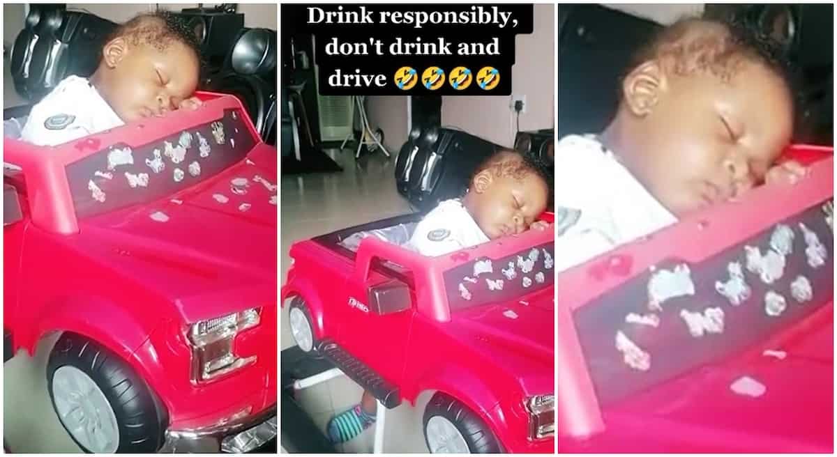 Photos of a baby boy sleeping on his toy car.